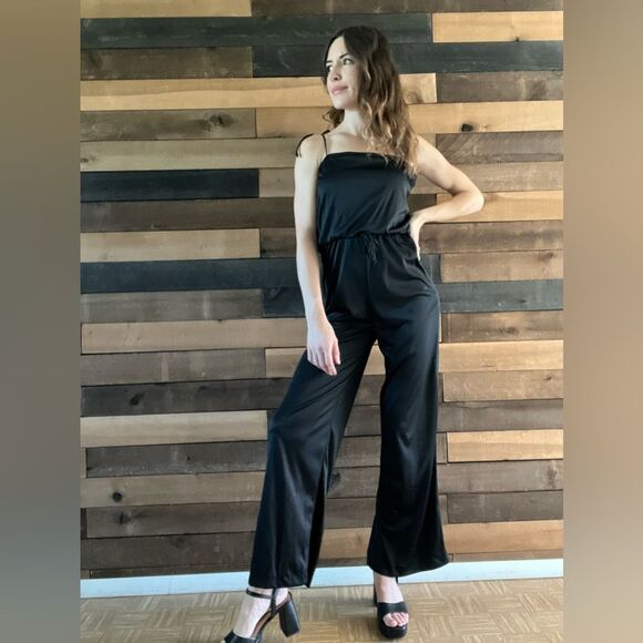 Vintage 70s Union Made Black Disco Jumpsuit Adjustable Straps Zip Back - Picture 9 of 14